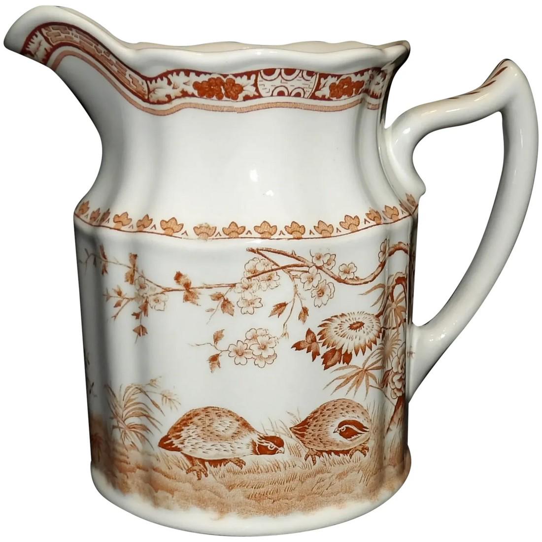 Antique Furnivals 1913 Quail Brown Transferware 22 Oz Ironstone Pitcher Made in England (1 of 7)