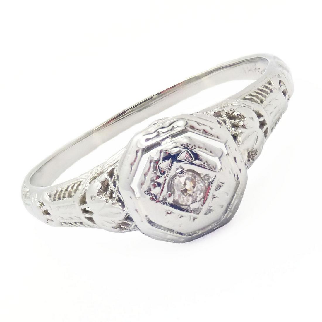 Vintage Estate 18k White Gold Old Mine Cut Diamond Art Deco Filigree Ring sz 8.5 (1 of 4)