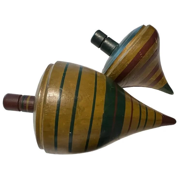 Three 19c Antique Wooden Spinning Tops, Top Condition Great PAINT: aprox 5.25 4.25" smallest one 2.5 tall and I'd say they were virtually unused--only the tips have some wear. Both seem to have been made by the same turner or factory, as their pegs are virtually iden