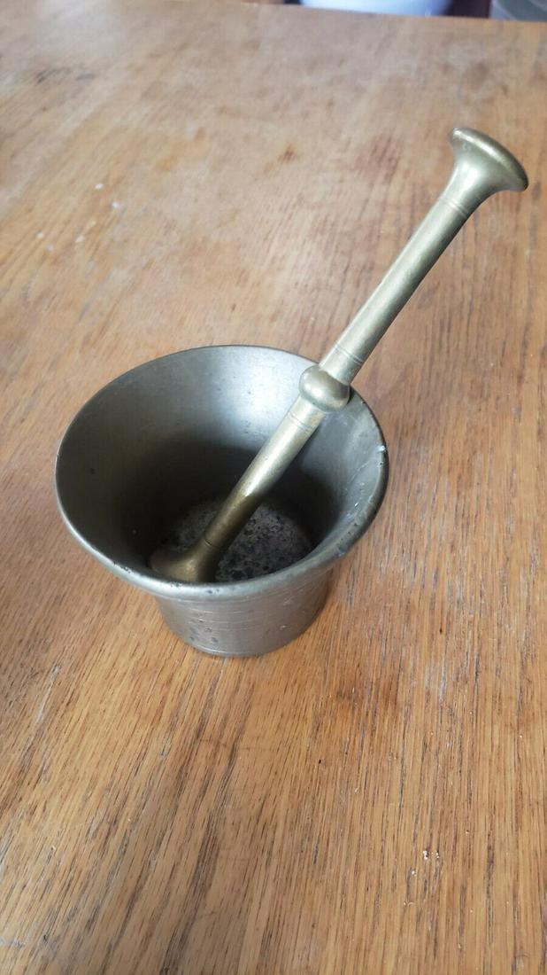 19th century mortar and pestle brass 3": Amazing look to this piece . Approximately 3" tall . Weighs two pounds. Shipping includes insurance. Shipping: Domestic: Flat-rate of $15.00 to anywhere within the contiguous U.S. International: Forei