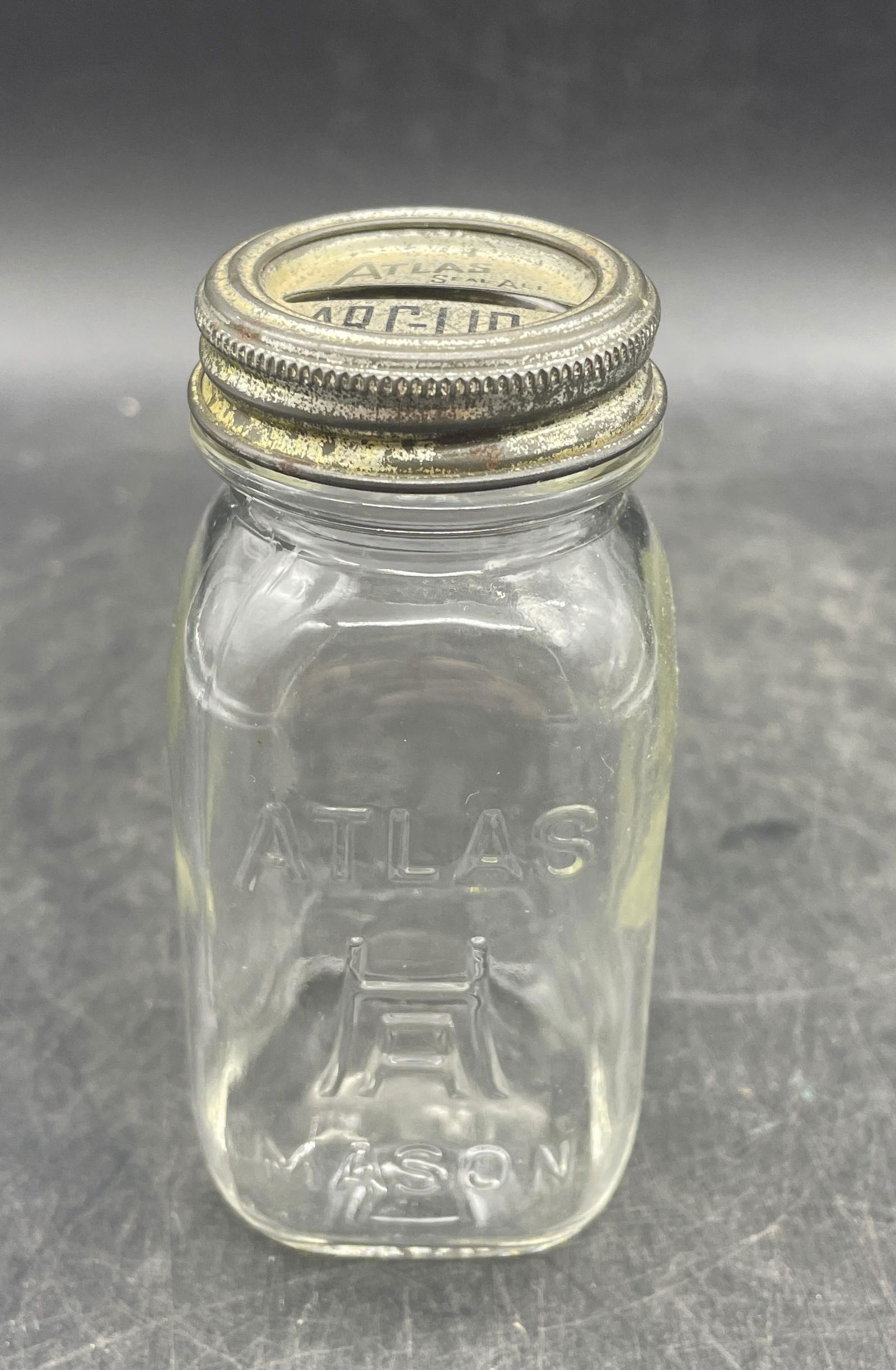 MINI HAZEL ATLAS MASON EMBOSSED FRUIT JAR COIN BANK WITH ARC-LID COIN SLOT (1 of 8)
