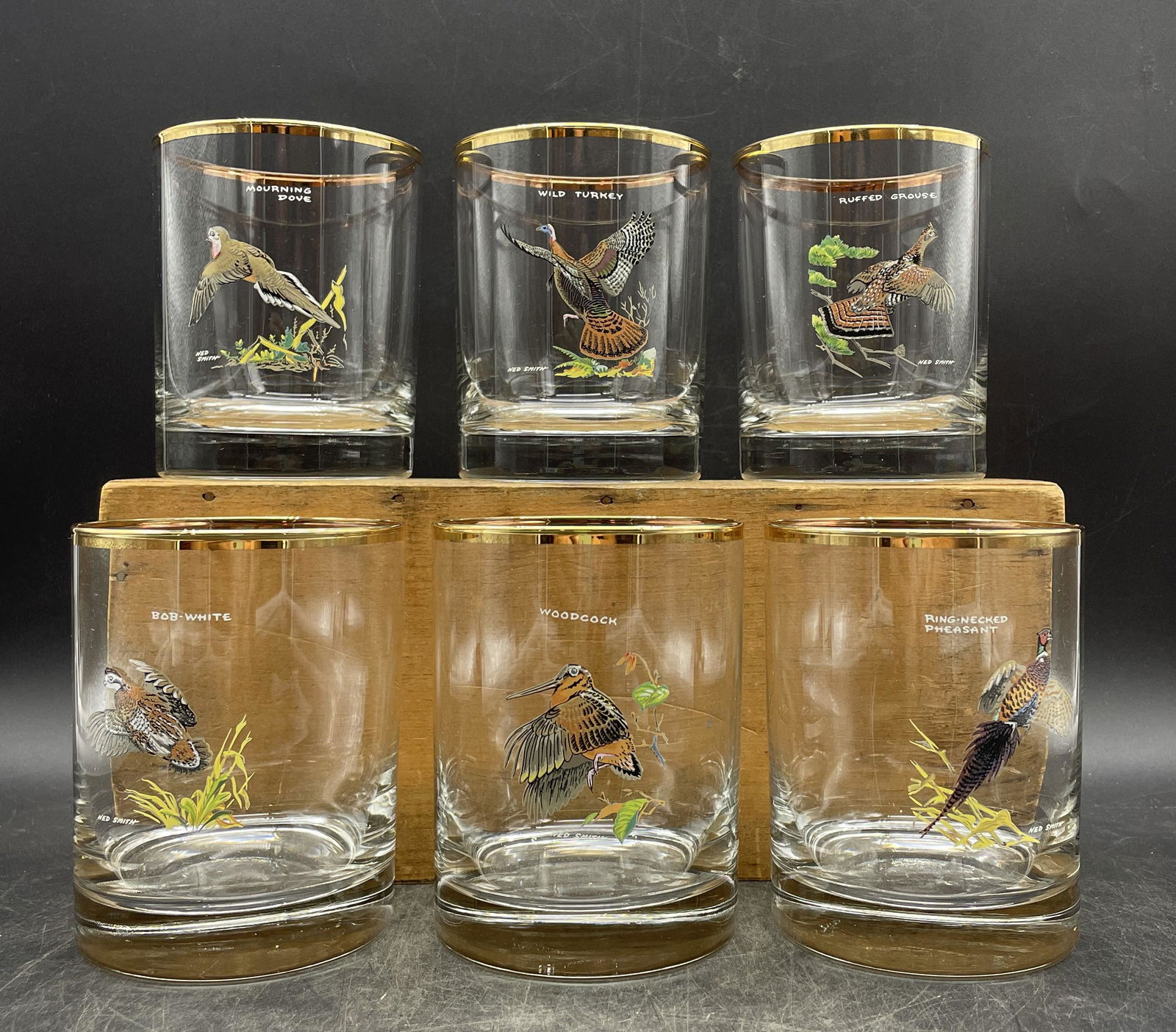 6 MCM NED SMITH ROCKS GLASSES GAME BIRDS LOWBALL (1 of 8)
