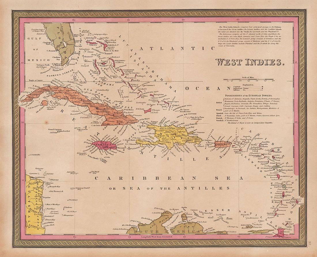 Scarce and lovely 1848 Mitchell map of West Indies: Original antique map of the Caribbean Islands from the scarce Mitchell's Universal Atlas of 1848. Exhibits lovely full hand coloring done at the time of publishing. Light tanning at extreme edges. Two