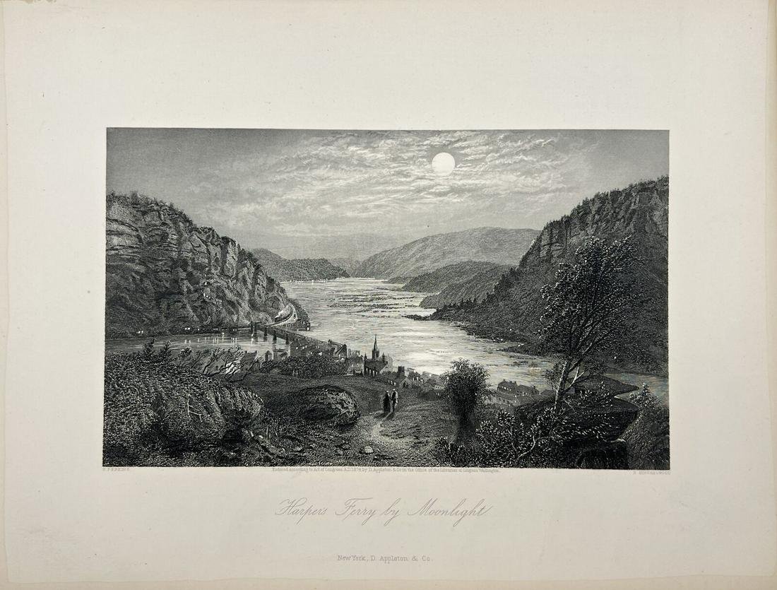 Old Steel Engraving Print - Moonlight over Harper's Ferry - West Virginia - USA (1 of 1)