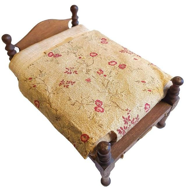 Antique Dollhouse Four Poster Rope Bed with Mattress and Linens (1 of 1)