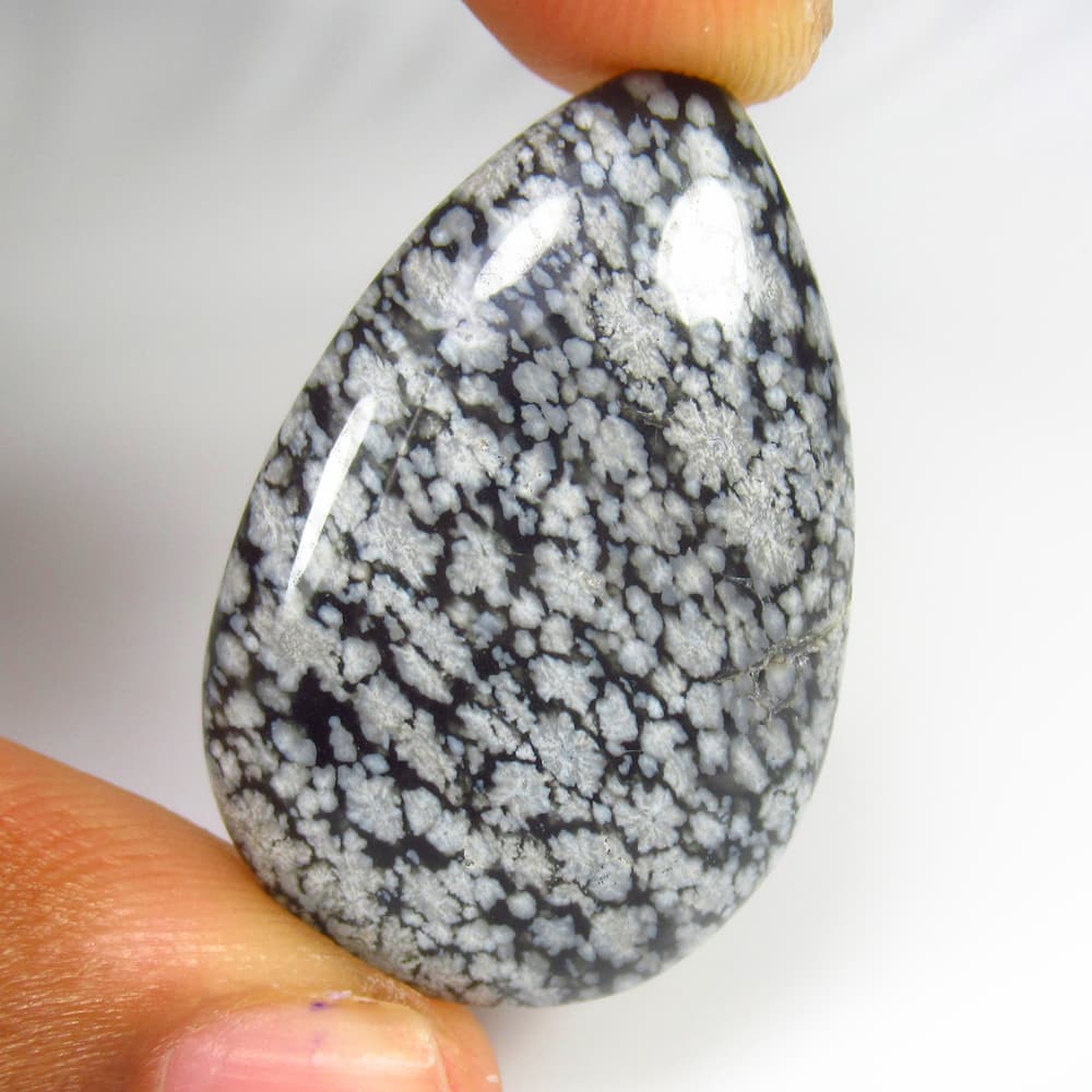 25.24 Ct - Natural Snowflake Jasper: No Reserve! Title/Content: 25.24 Ct - Natural Snowflake Jasper GemstoneJasper Weight: 25.24 Dimensions: 34.0 x 22.0 x 5.1 mm Description: Pieces : 1 No's / Shape : Pear Cab / Color : Black / Clarity :