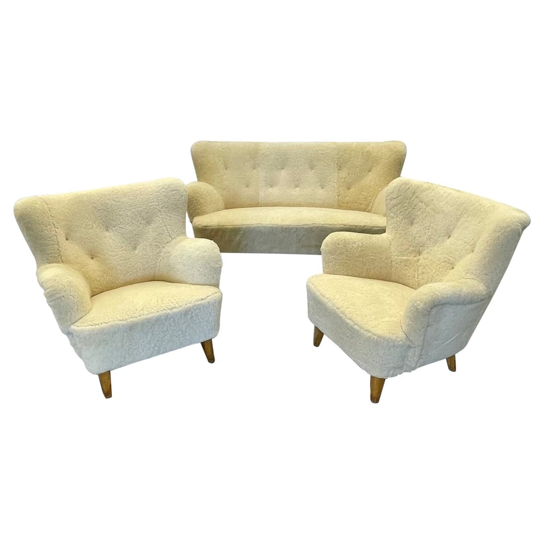 Mid-Century Modern Sofa Set by Ilmari Lappalainen for Asko, Settee, Sheepskin: Title: Mid-Century Modern Sofa Set by Ilmari Lappalainen for Asko, Settee, Sheepskin Description: Mid-Century Modern 'Laila' Sofa Set by Ilmari Lappalainen for Asko, Finland; Settee and Lounge Chairs