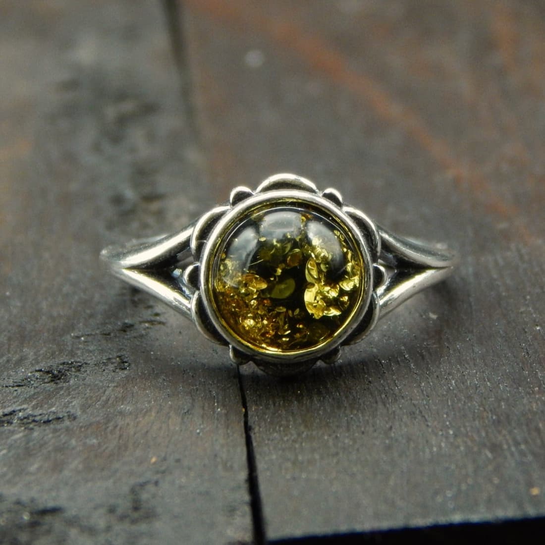Natural Baltic Green Amber Round Cut Ring in 925 Sterling Silver (1 of 4)