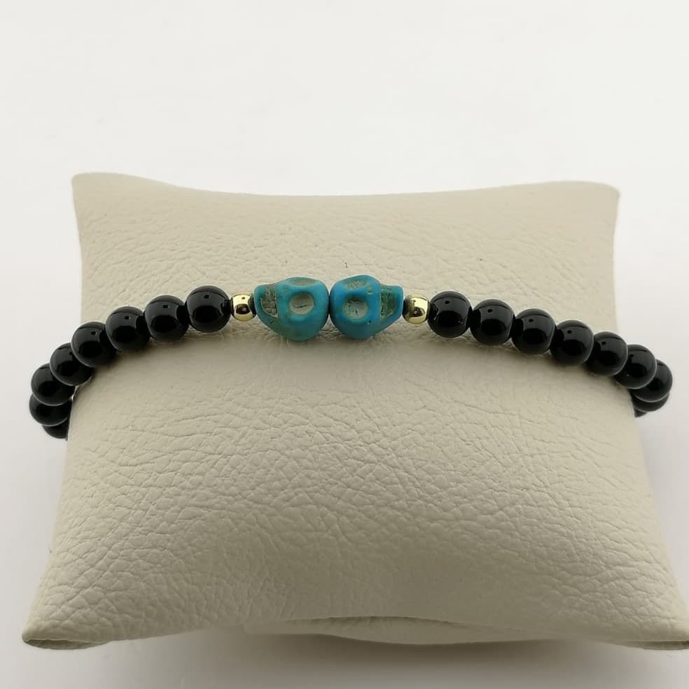 14K 585 Gold Bracelet with Onyx Beads and Turquoise skulls (1 of 8)