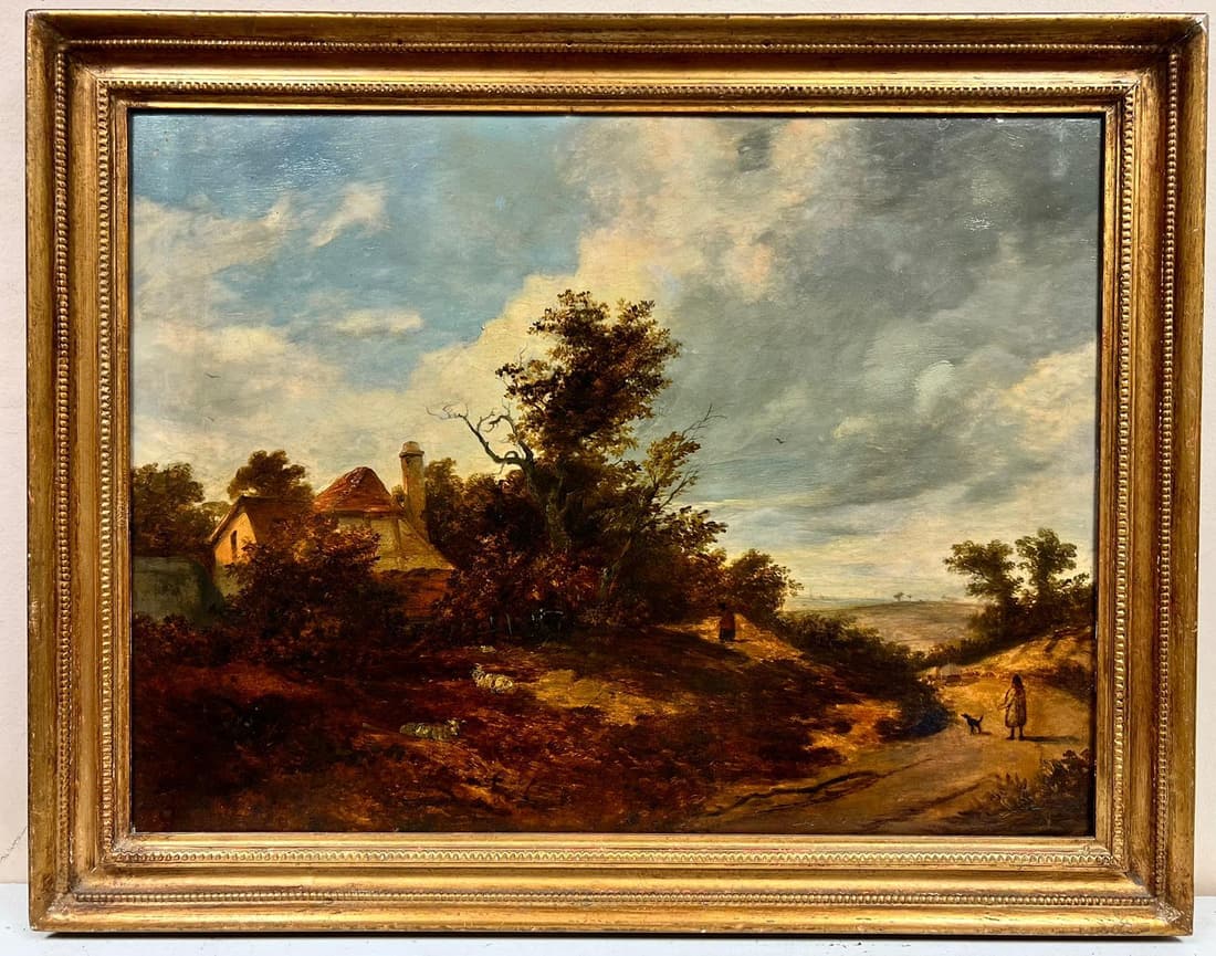 Fine 1830s English Rural Landscape Large Oil Painting Figures with Dog & Cottage 1830's: Artist/ School: English School, circa 1830''s, follower of John Constable Title: The Rural Lane Medium: oil on canvas, framed Framed: 22 x 28 inches Painting: 18 x 24 inches Provenance: private collec
