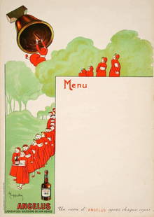 Angelus Menu by Leonetto Cappiello Original Vintage Poster c1920: This is an original stone lithograph created by the legendary poster artist Leonetto Cappiello. It is a menu that was created for the Angelus Liqueur Company with the caption " a glass of Angelus afte