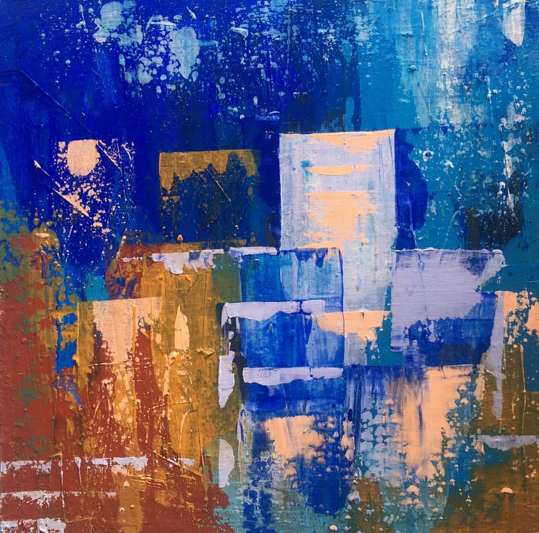 Abstract oil painting Artist's thoughts Zadorozhnya V. V.: №AAA2612 The oil painting is a dynamic and complex abstraction that draws upon the principles of cubism. The artist has deconstructed their subject matter, breaking it down into fragmented geome