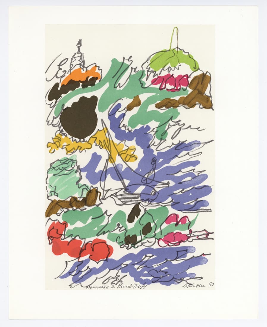 Charles Lapicque lithograph "Homage to Dufy": Medium: lithograph (after the watercolor). Charles Lapicque was one of the artists who contributed compositions to Marcelle Oury's "Lettre à mon peintre" in homage to Raoul Dufy. This lithograph