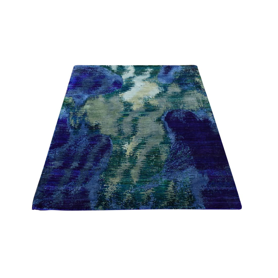 Indigo Blue, Hand Knotted, Multicolored, Sari Silk Abstract Design Rug (1 of 7)