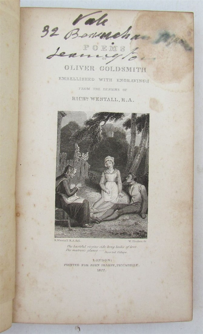 1822 POETRY THE TRAVELLER THE DESERTED VILLAGE & OTHER POEMS O.GOLDSMITH antique: THE TRAVELLER, THE DESERTED VILLAGE, & OTHER POEMS by O.GOLDSMITH London; 1822 Original red morocco Size 4 by 6 1/2" Very good interior except spot at the upper right corner of first 3 pages minor wea