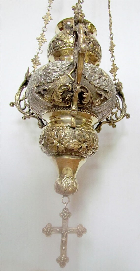 GREEK ORTHODOX CHURCH LARGE VINTAGE ICON LAMP - LAMPADA w/ DOUBLE HEAD EAGLE (1 of 11)