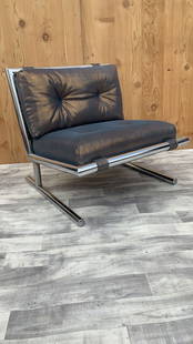 Mid Century Modern Arthur Umanoff Sled Base Chrome Lounge Chair Newly Upholstered: Vintage from the 1970s Materials: leather, chrome, metal Overall width: 29 inches Overall height: 27 inches Overall depth: 29 inches Seat height: 17 inches Description: Mid Century Modern Arthur Umano