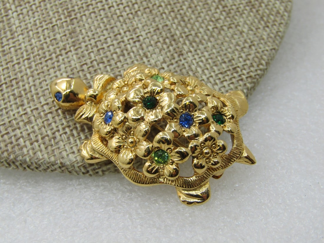 Vintage Avon Rhinestone Floral Turtle Brooch, 2" (1 of 5)
