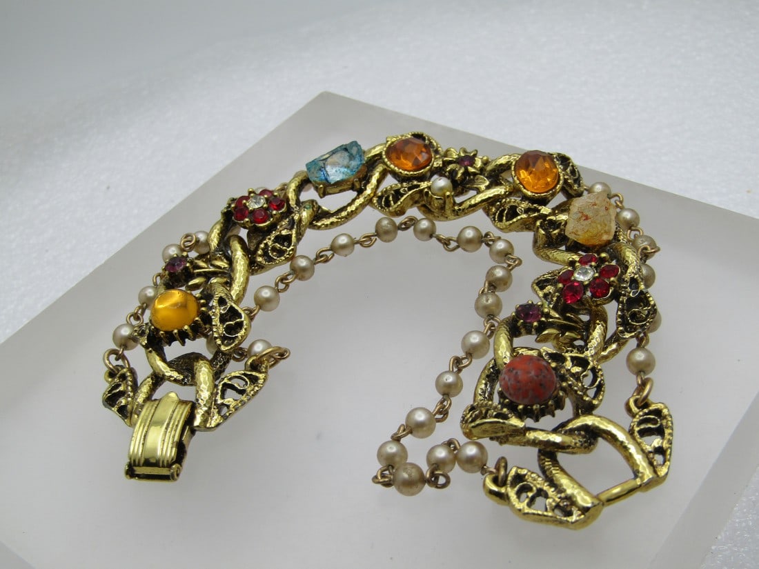 Vintage Mixed Stone, Faux Pearl Bracelet, Multi-Strand, 7.5" (1 of 6)