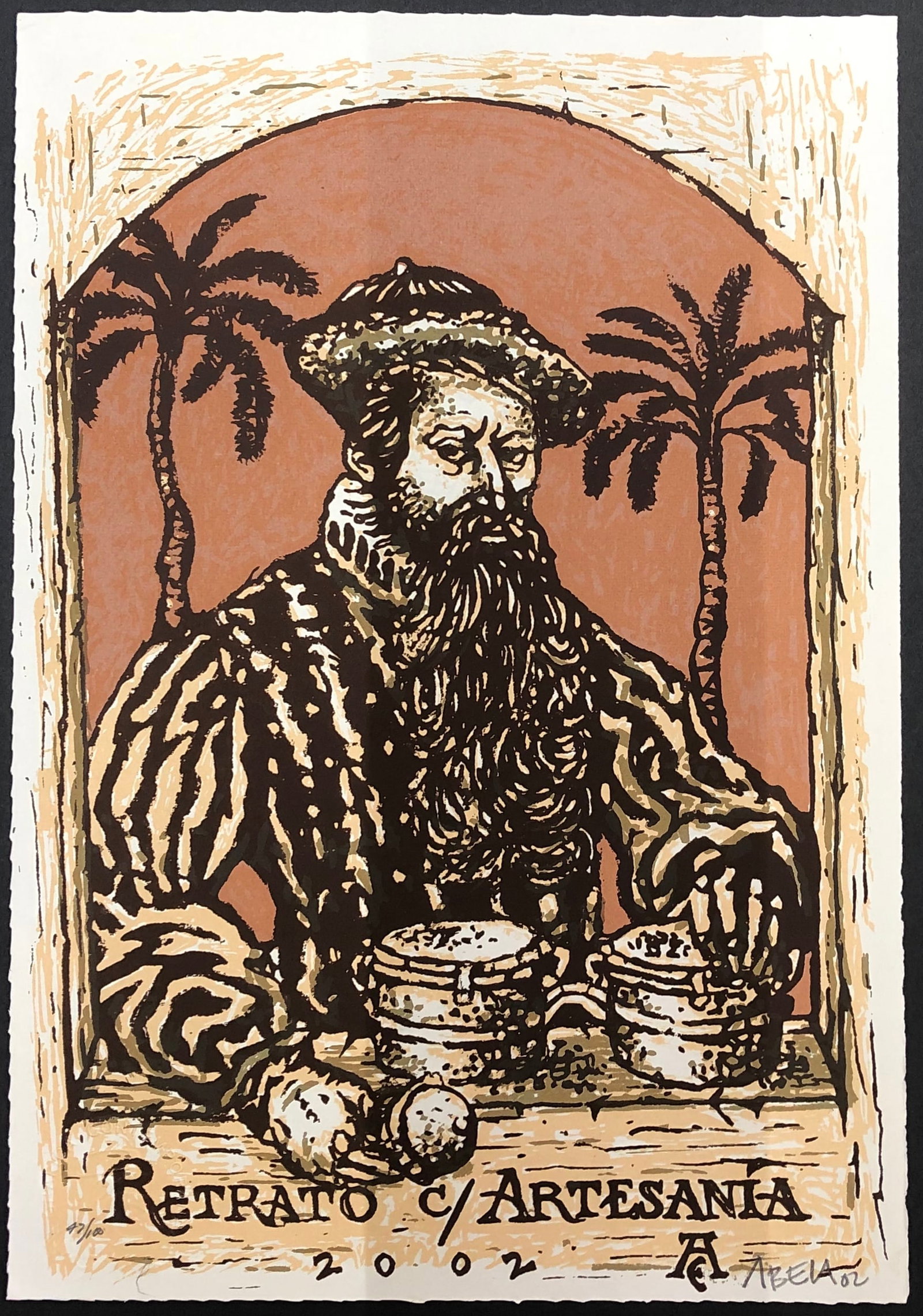 Eduardo Abela, Cuban, silkscreen, 2002: Artist: Eduardo Abela (Cuba, 1963) Title: Retrato con artesania Date: 2002 Medium: silkscreen Dimensions: 12.6 x 8.9 in. (32 x 22.5 cm.) Reserve: $90.00 Shipping: Domestic: Flat-rate of $25.00 to