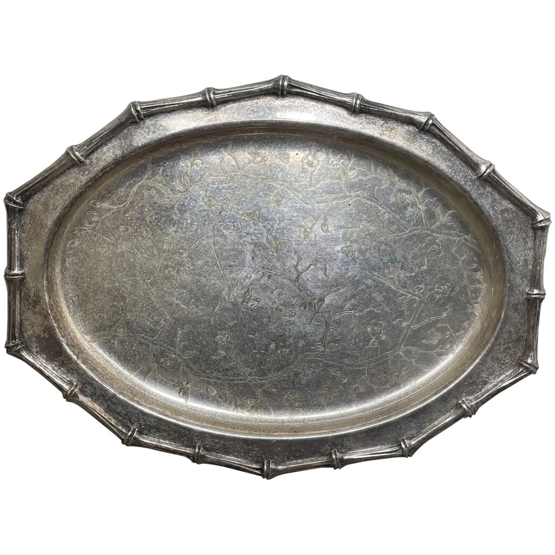 British Antique Edwardian Silver Plate Serving Tray Faux Bamboo Edge: British Antique Edwardian Silver Plate Serving Tray Faux Bamboo Edge 1 Fine British Chased Antique Edwardian Silver Plate Serving Tray Faux Bamboo Ridge Embellished Edging Detail. A feature that stand