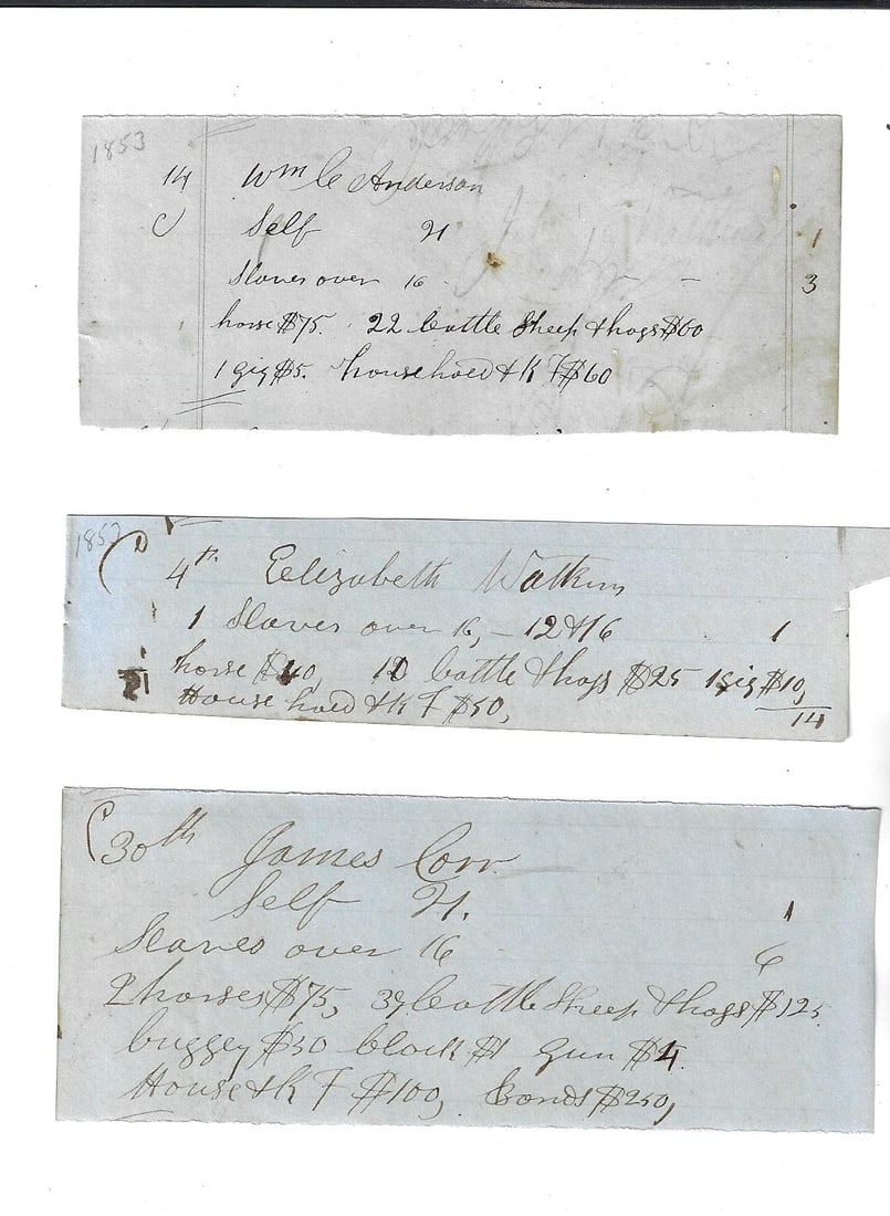 1854 Three Manuscript Tax Assessments Slaves (1 of 2)