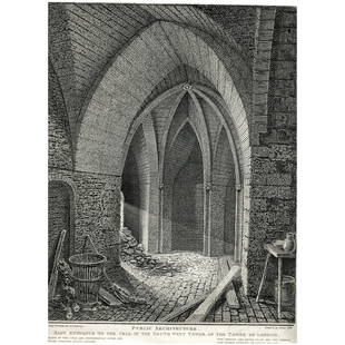 Tower of London - Original antique etching. John Thomas Smith (1811): Title: East Entrance to the cell in the South West Tower of the Tower of London. Artist and etcher: John Thomas Smith, also known as Antiquity Smith (British, 1766–1833). Drawn in 1802 and publi