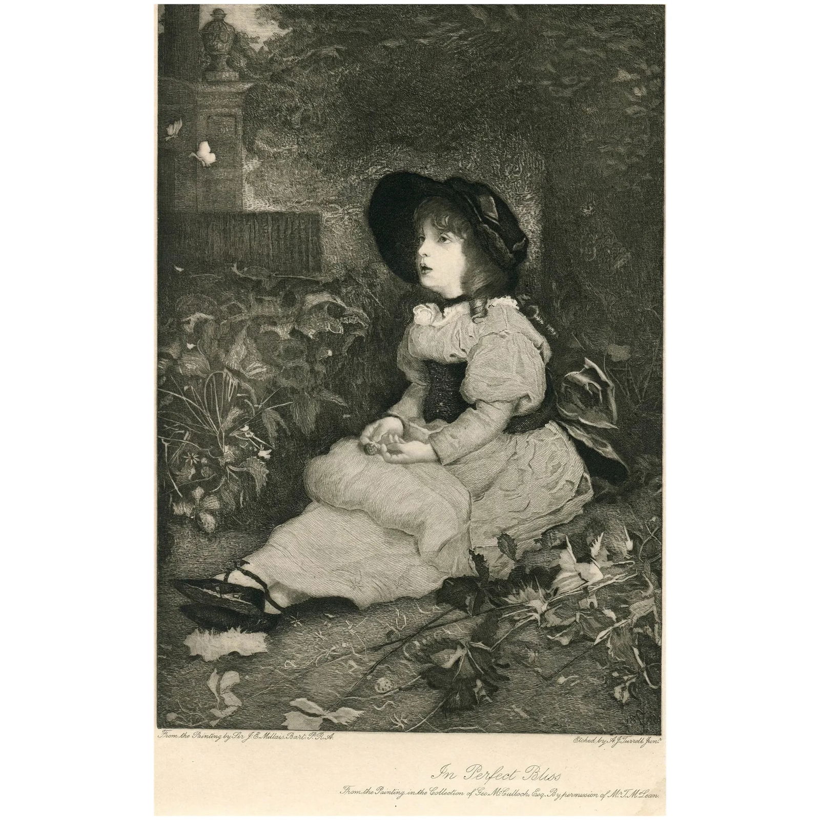 In Perfect Bliss, after J.E. Millais. A.J. Turrell: Title: In Perfect Bliss. Artist: after John Everett Millais (UK 1829 – 1896) Etcher: Arthur James Turrell (1871-1940). Description: Published in The Art Journal. Size: 25x17,5 cm. Condition: fox