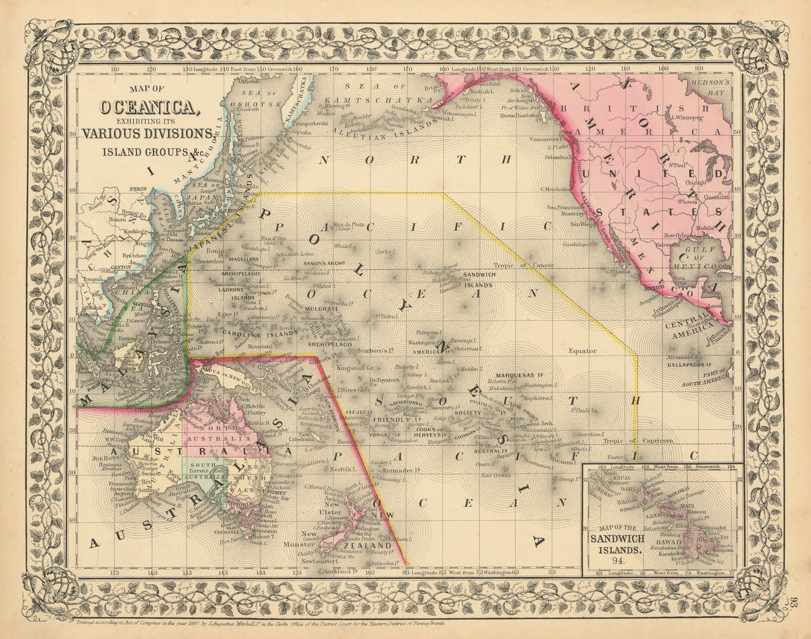 Oceanica exhibiting its various divisions… Pacific Hawaii. MITCHELL 1869 map (1 of 1)