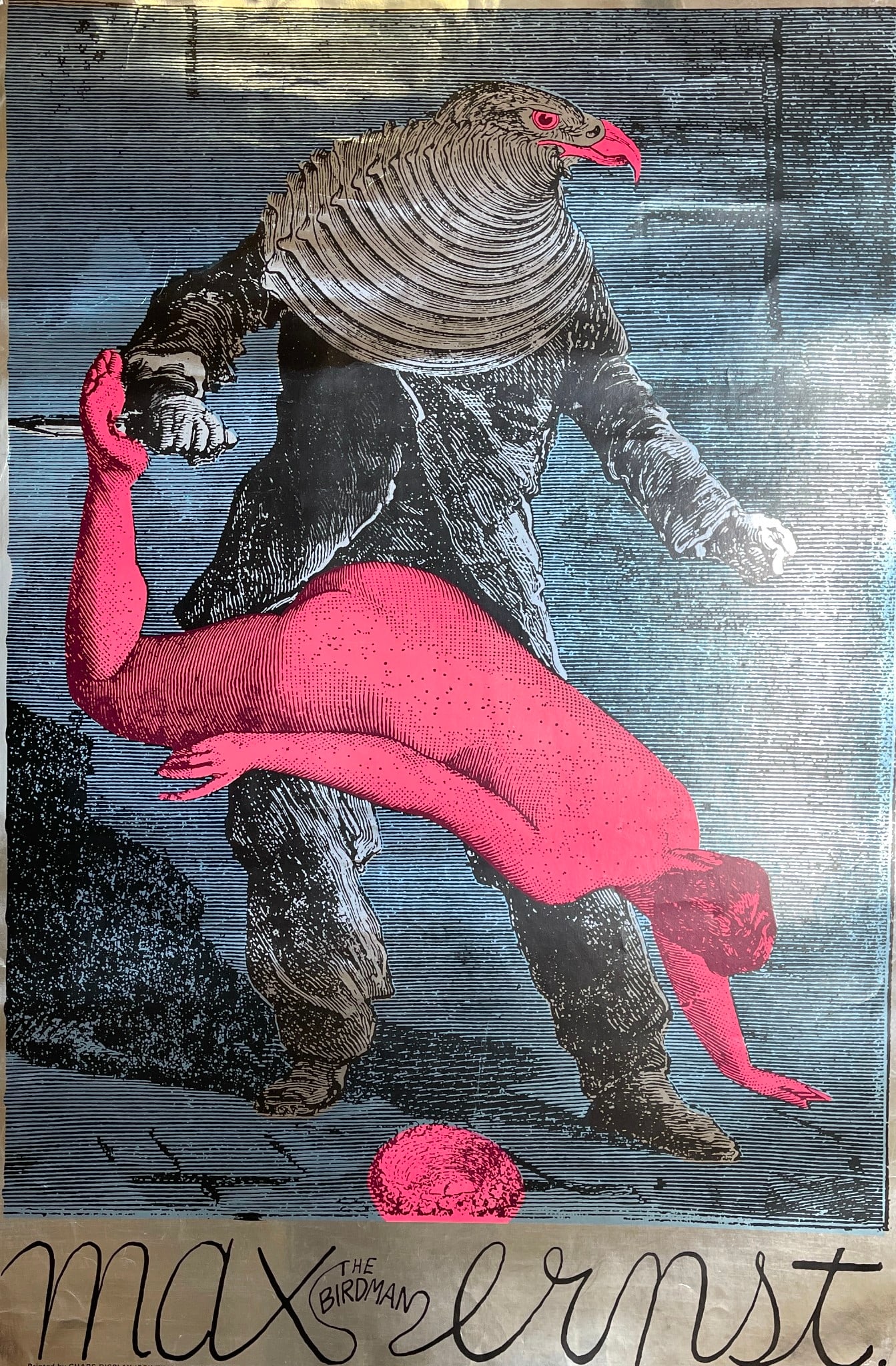 Vintage Poster - Martin Sharp - Max Ernst - The Birdman - Pop Art - Australia: Title: Vintage Poster - Martin Sharp - Max Ernst - The Birdman - Pop Art - Australia Description: 1967. Colour screenprint on silver foil paper, 76.2 x 50.9cm. Minor crinkles overall. Text continues &