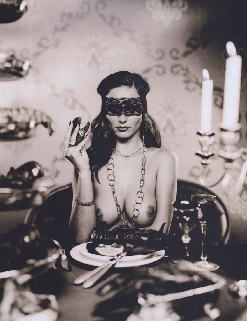 MARC LAGRANGE - Lobster Dinner, 2006: Artist: MARC LAGRANGE Print Title: Lobster Dinner, 2006 Printing Date: 2010s Medium: Duotone Photo-lithograph Printed in: Italy Image Size: approx. 13 x 10” Marc Lagrange (1957-2015) was a Belg
