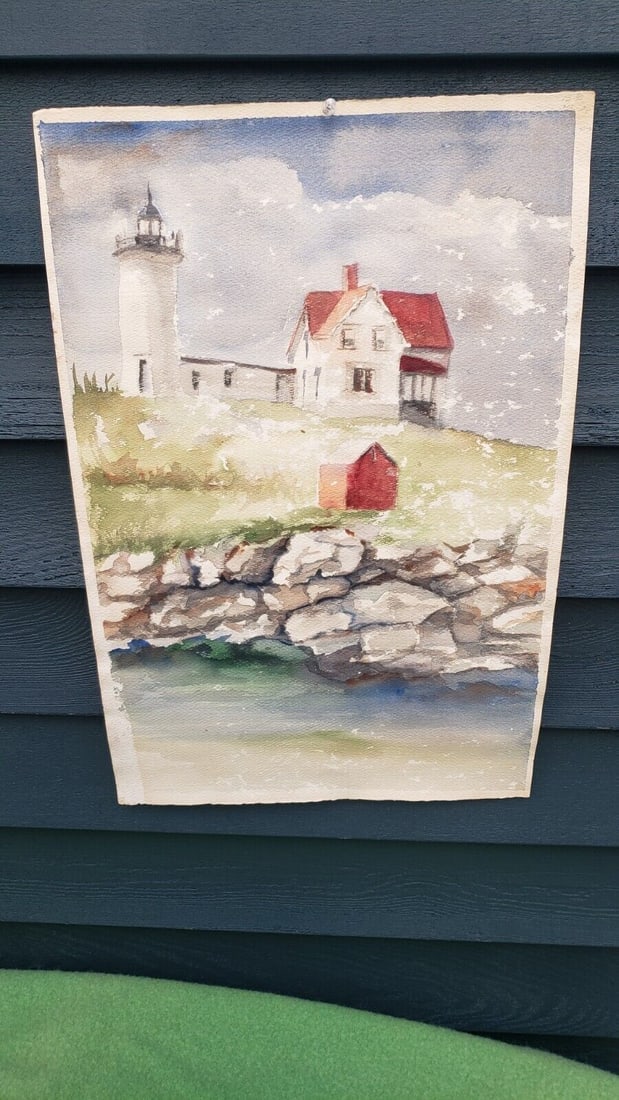 Antique vintage Nubble lighthouse watercolor 1940s great look (1 of 3)