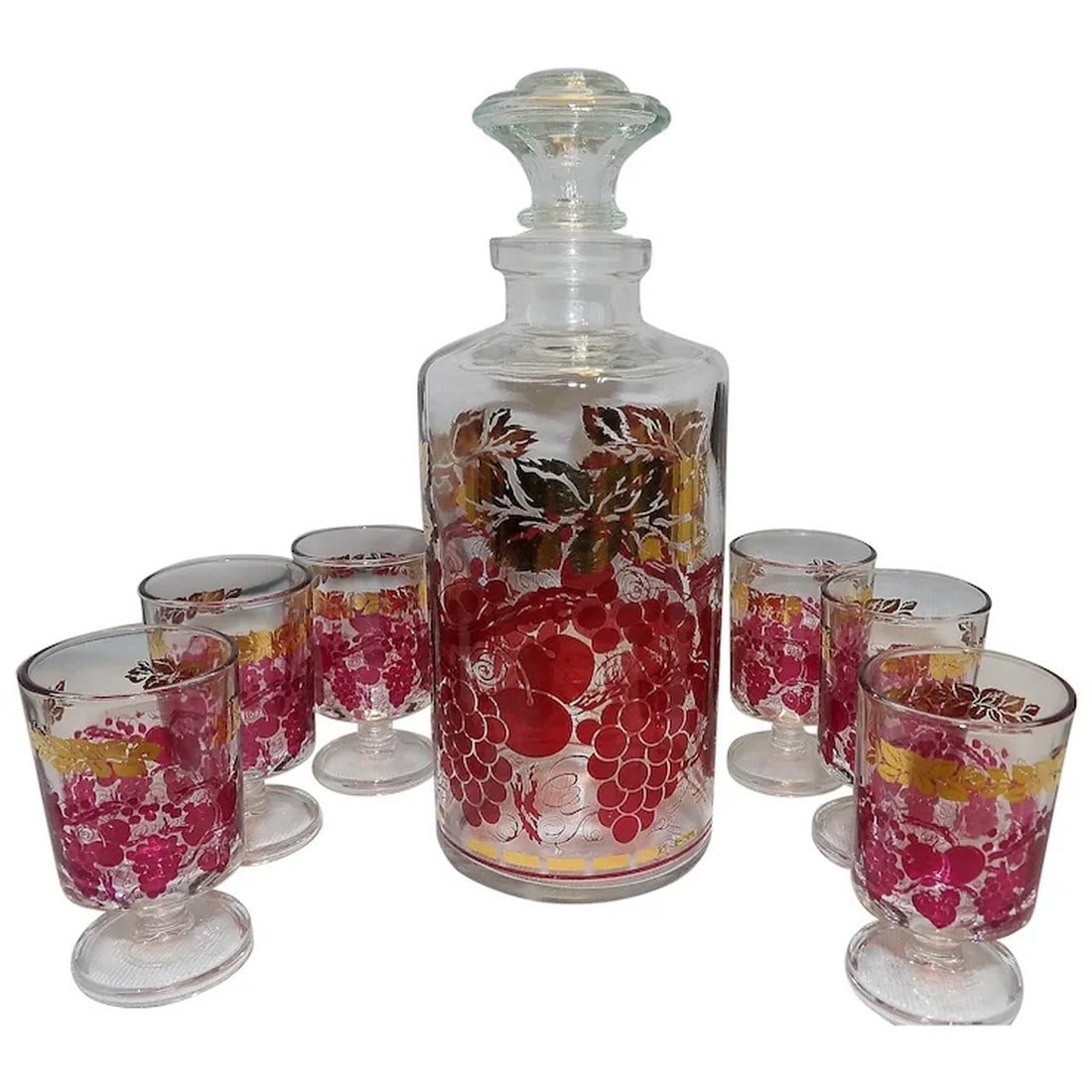 MCM French Luminarc Red Gold Fruit Leaf Design Liquor Decanter and 6 Cordials. (1 of 7)