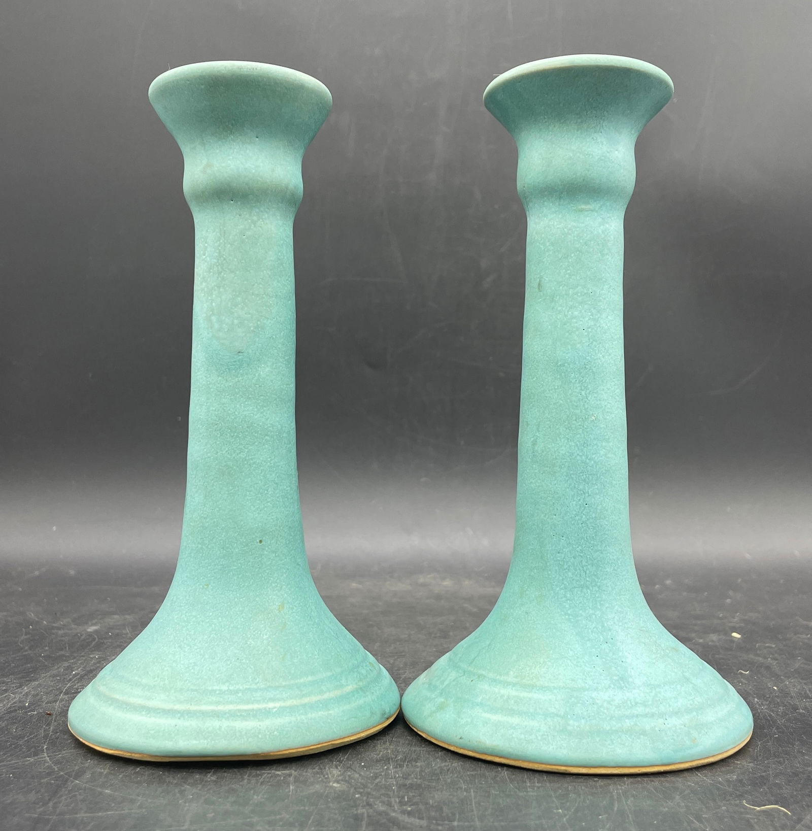 BEAUTIFUL PAIR OF CELADON BLUE SIGNED ART POTTERY CANDLESTICKS (1 of 8)