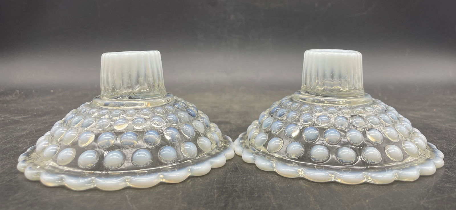 PAIR FENTON HOBNAIL MOONSTONE GLASS CANDLESTICK HOLDERS (1 of 8)