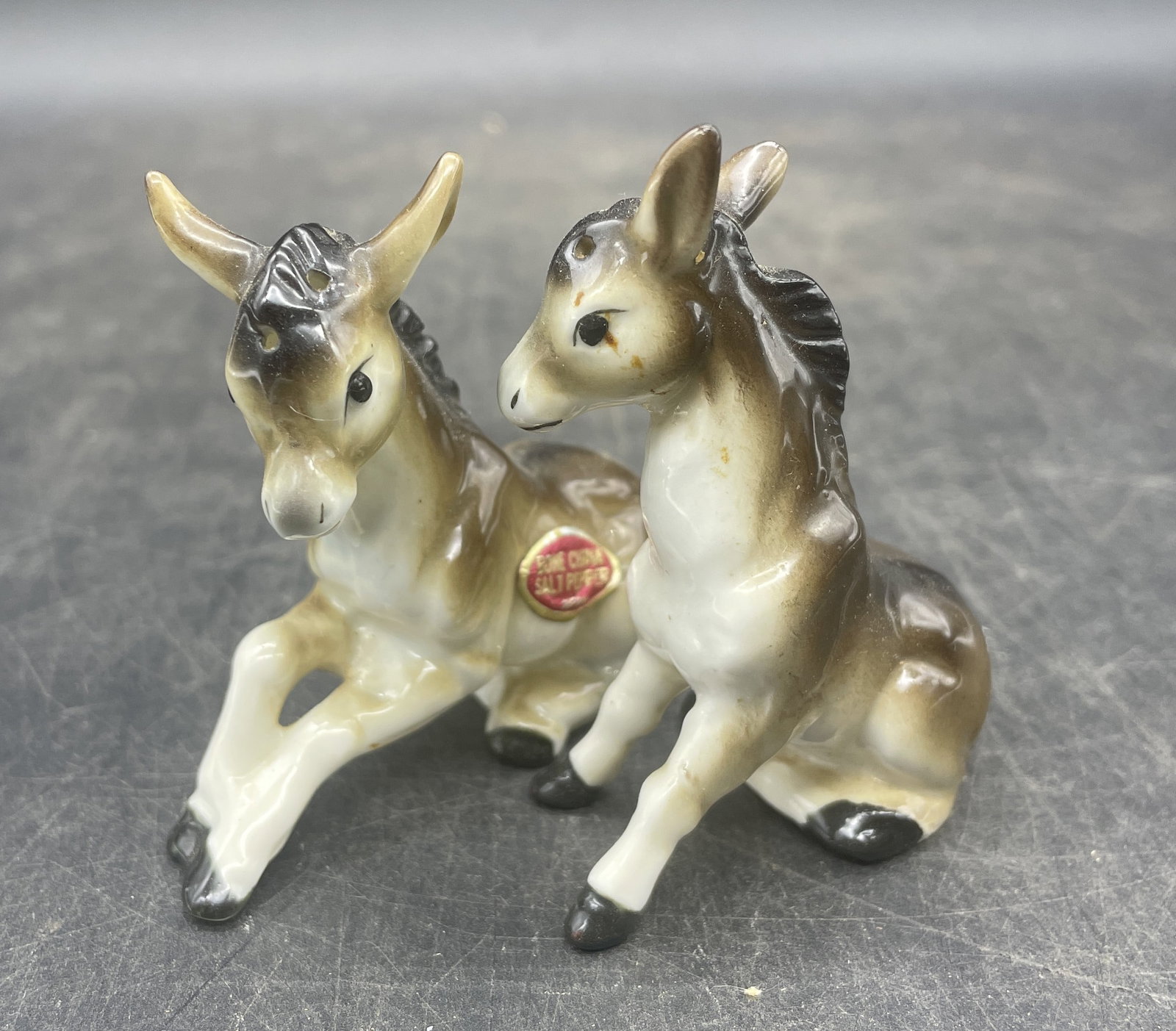 Vintage Donkey Bone China Salt & Pepper Japan: Title: Vintage Donkey Bone China Salt & Pepper Japan Date/Period: approx 1950's Dimension: approx 2.5 x 2 Material: bone china Additional Information: Vintage Donkey Bone China Salt & Pepper Japan Shi