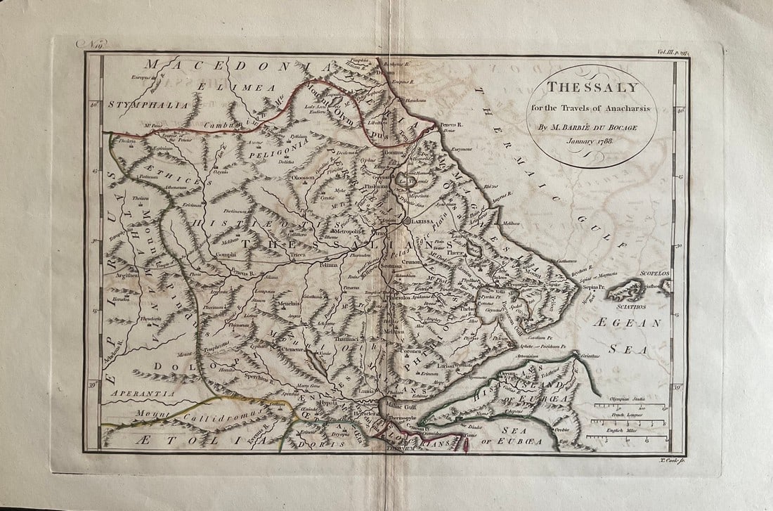Ancient Thessaly Region of Greece. 1788 by Barbie du Bocage: Title: Ancient Thessaly Region of Greece. 1788 by Barbie du Bocage Date/Period: 1787/1791 Materials: Copperplate engraved Size: 15 1/2 x 10 1/2'' The ancient Thessaly region with the city of Larissa i