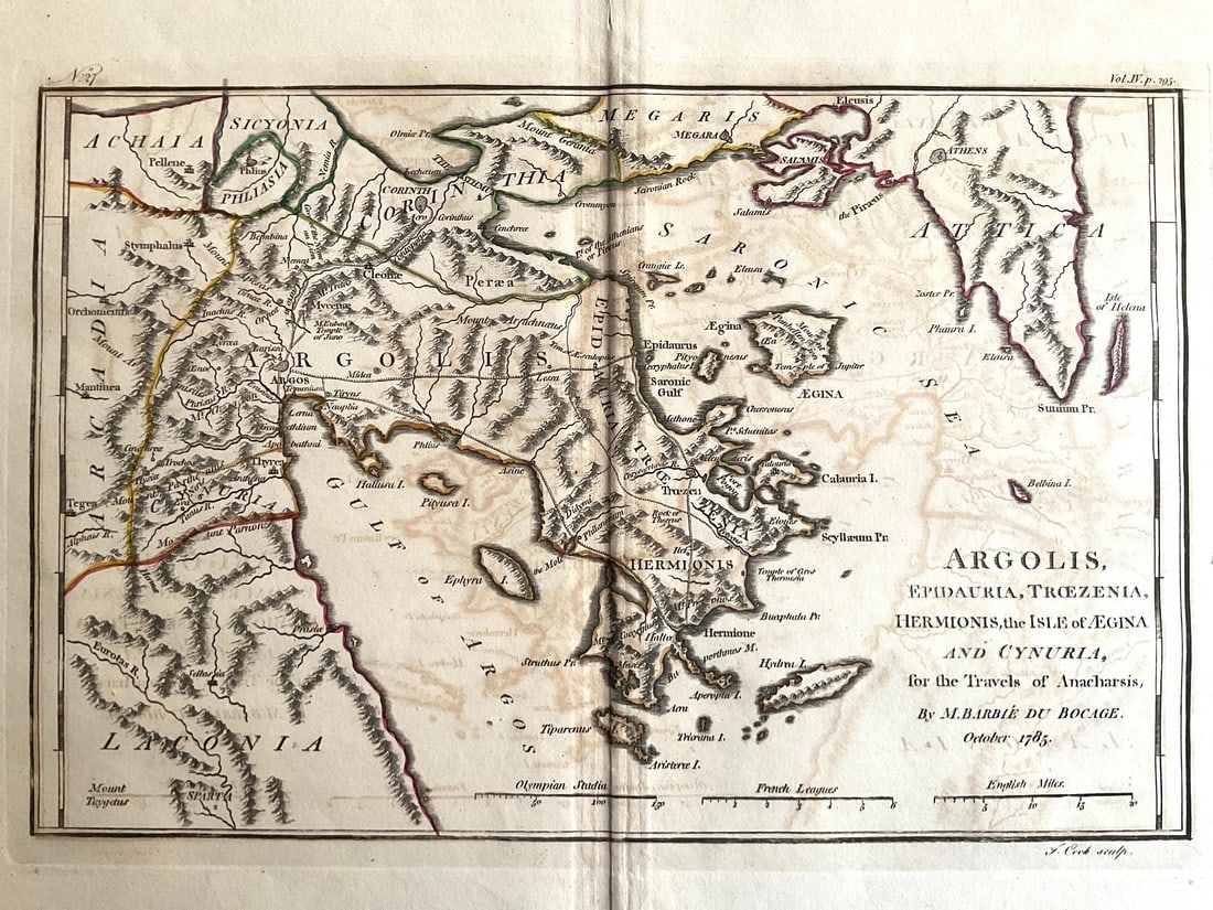 Argos Region of Ancient Greece, 1785 by Barbie du Bocage: Title: Argos Region of Ancient Greece, 1785 by Barbie du Bocage Date/Period: 1787/1791 Materials: Copperplate engraved Size: 15 1/2 x 10 1/2'' Argolis region west of Athens shows the city of Argos and