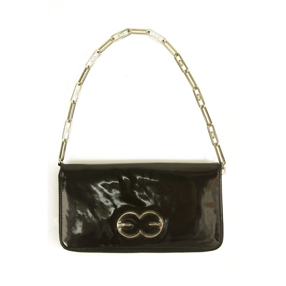 Escada Black Patent Leather Zip Around Chain Shoulder Bag Clutch Handbag Purse<: Escada Black Patent Leather Zip Around Chain Shoulder Bag Clutch Handbag Purse Classic and really beautiful this Escada small shoulder bag is such a fun and signature piece! This beauty features black
