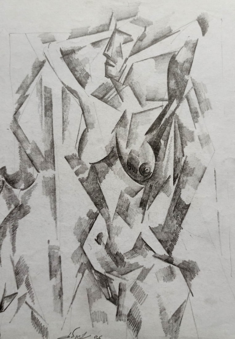 Abstract pencil painting Woman in front of a mirror Peter Tovpev: Description: №Dobr 663 *** ABOUT THIS PAINTING *** * TITLE: "Woman in front of a mirror" * ARTISTS: Peter Tovpev * SIZE: 21x15 cm/'8.26x5.90 inches' * MEDIUM: pencil, paper * HAND PAINTED: Origi