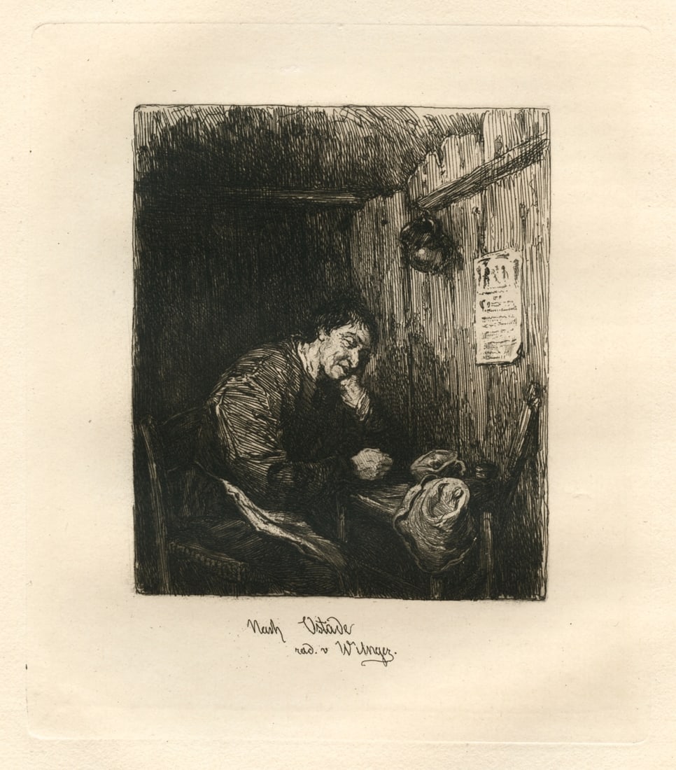 Adriaen van Ostade | William Unger etching "The Sleeper": Medium: etching. Etched by William Unger after Van Ostade. This impression on laid paper was printed in 1880 for Philip Gilbert Hamerton's very scarce "Etching and Etchers". Plate size: 8 x 5 inches (