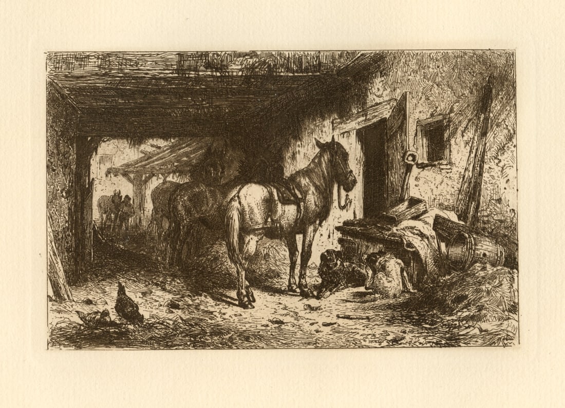 Peter Moran original etching "Noonday Rest": Medium: original etching. A nice impression on cream laid paper, published for the American Art Review in 1880; the American Art Review was a lavishly produced revue featuring original etchings by Mor