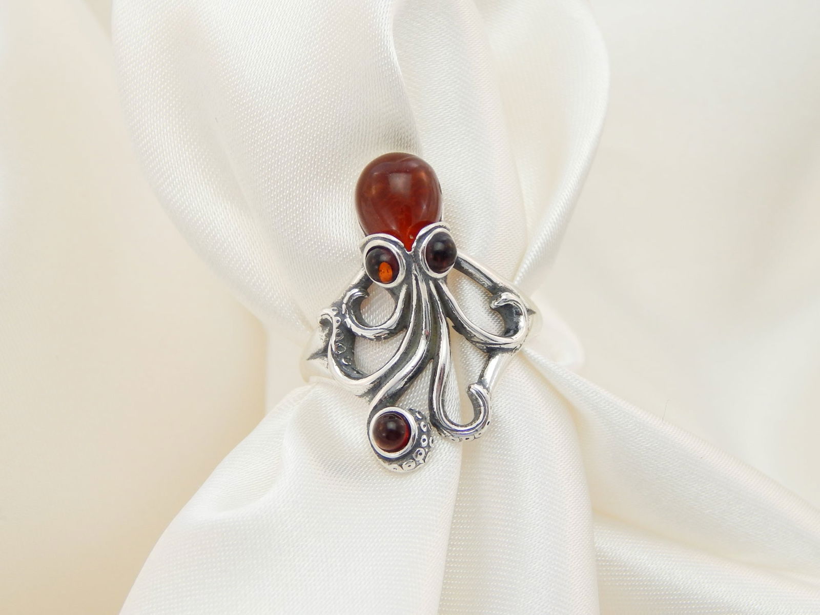 Natural Baltic Cherry Amber Adjustable Octopus Ring (1 of 6)