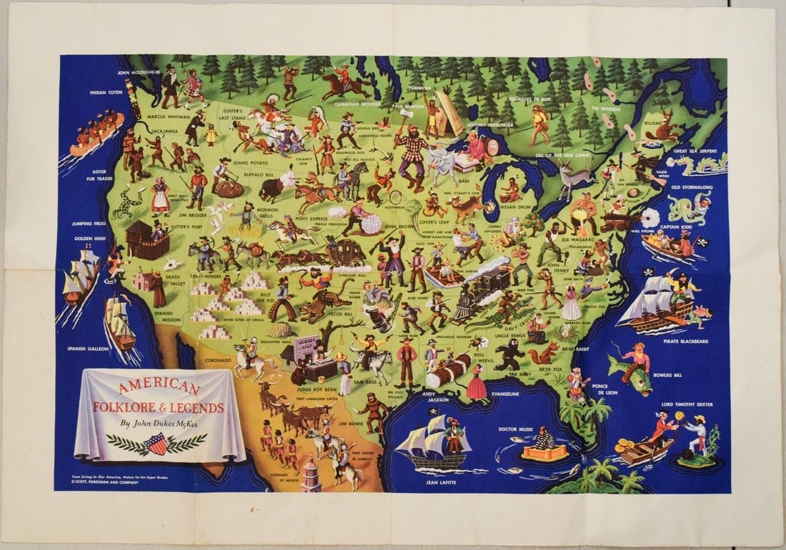 1950 JD McGee American Folklore & Legends Map -- American Folklore & Legends: Title: 1950 JD McGee American Folklore & Legends Map -- American Folklore & Legends Cartographer: JD McGee Year / Place: 1950 Map Dimension (in.): 20.1 X 31 in. This is an excellent pictorial map of t