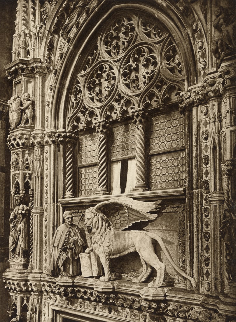 KURT HIELSCHER - Portal Of The Palace Of The Doges: Artist: Kurt Hielscher Title: Venice, Doge And The Lion Of St. Mark Above The Portal Of The Palace Of The Doges Medium: Sheet Fed Gravure, 1925, Germany Dimensions: 6.2x8.45" Description: Heat Wax Mou