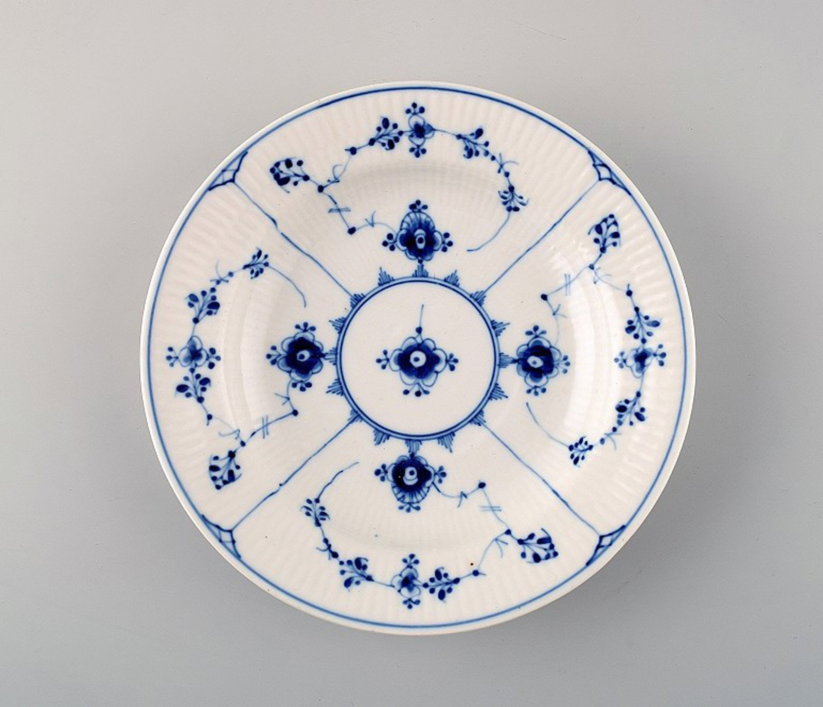 B&G, Bing & Grondahl Blue Fluted antique deep plates. 3 pcs. in stock.: 3 B&G, Bing & Grondahl Blue Fluted antique deep plates. Measures 19 x 4 cm. Stamped: Danish china. 1890s. In perfect condition. 1st. factory quality. Reserve: $42.00 Shipping: Domestic: Shipping rates