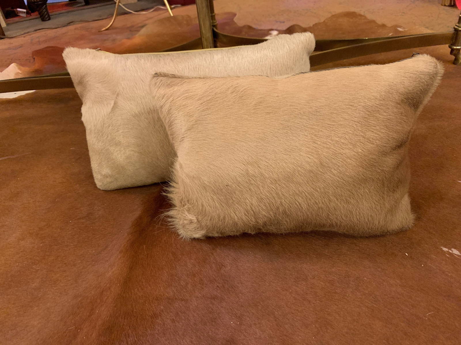 Custom Leather And Cow Hide Throw Pillows Pair Auction