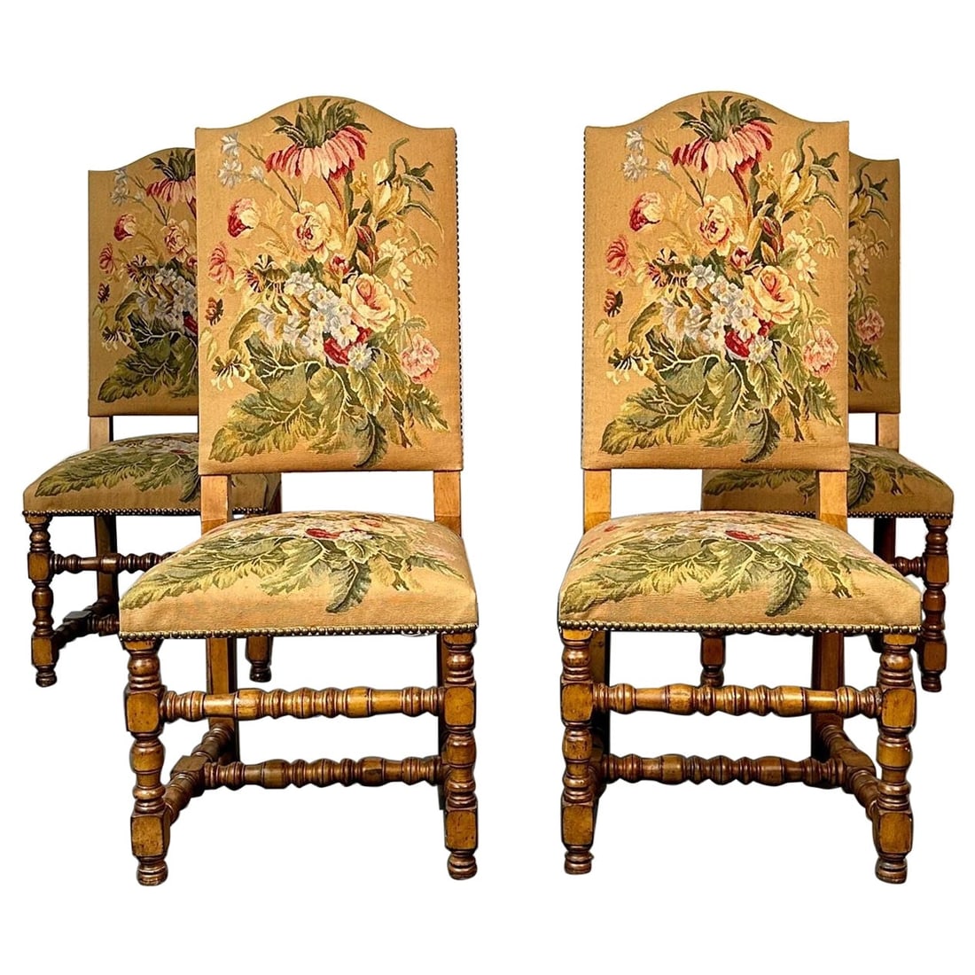 Four Jacobean Style Side / Dining Chairs, Needlepoint Fabric, Fruitwood (1 of 20)