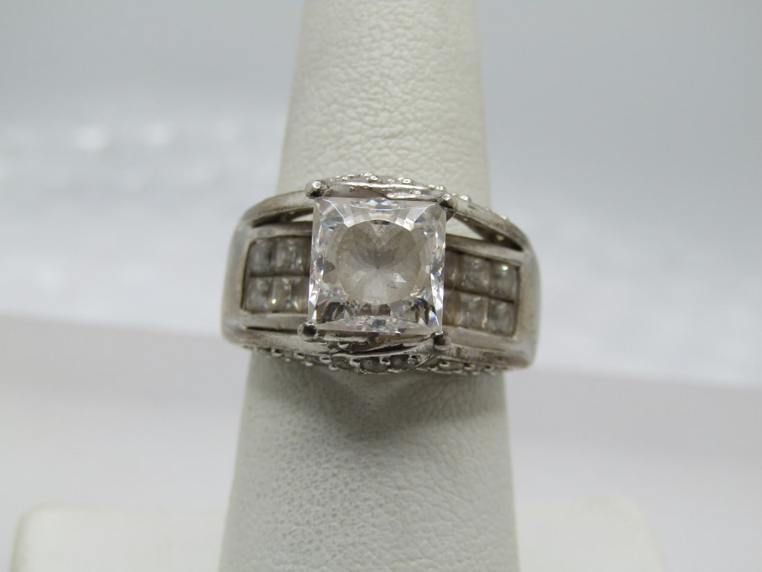 Vintage Sterling Square Crystal/CZ Ring, Cluster, Engagement, Sz.  7.5 (1 of 7)