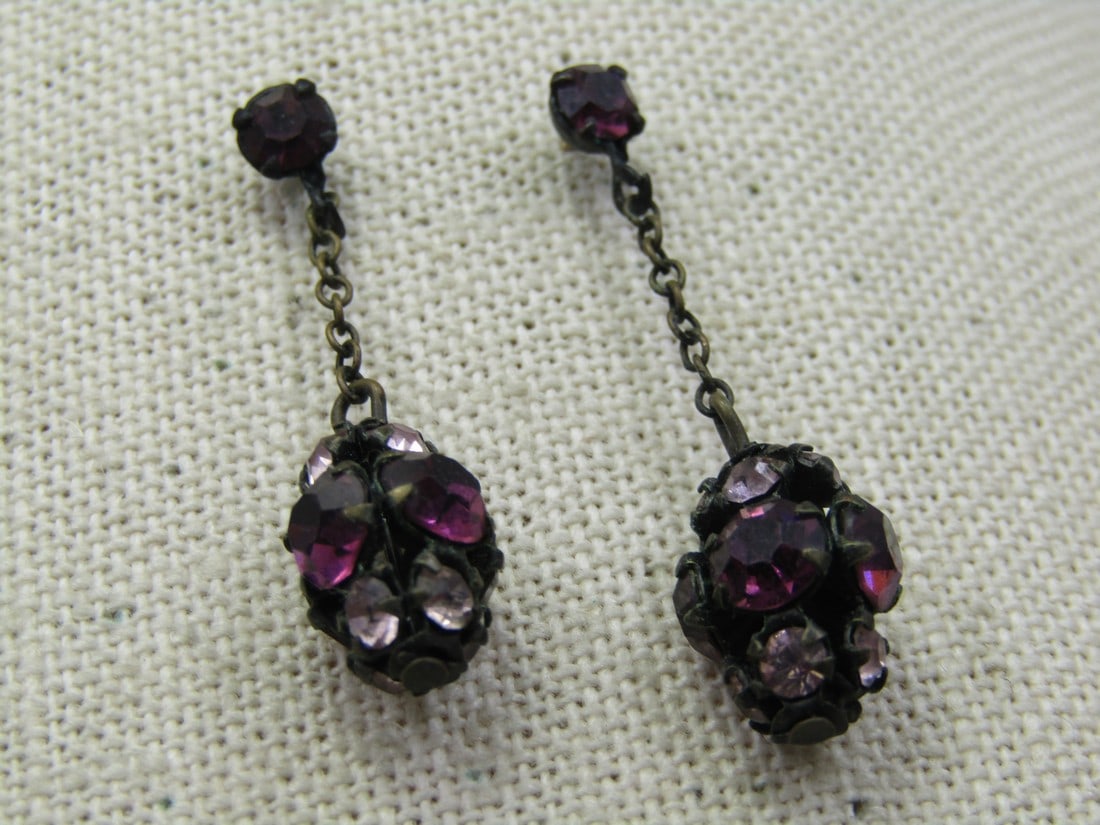 Vintage 14KT Gold Posts, Rhinestone Drop Earrings, 1930's-1940's (1 of 5)